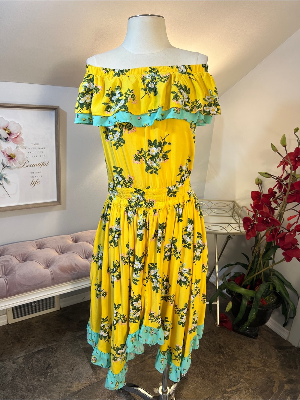 Matilda Jane Floral Off the Shoulder Ruffle Midi Dress Boho Size Medium